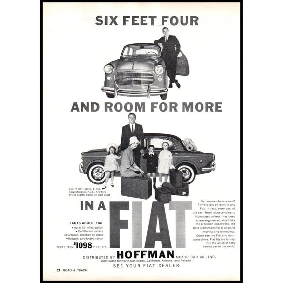 1960 Fiat 1100 Sedan Family Car Vintage Print Ad Vacation Luggage Wall Art Decor - Picture 1 of 1